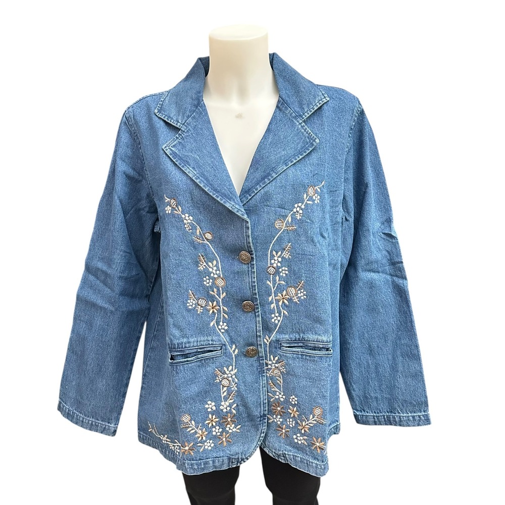 Tudor‎ Court Vintage Blue Denim Floral Embroidered Jacket Pockets Sz M NEW